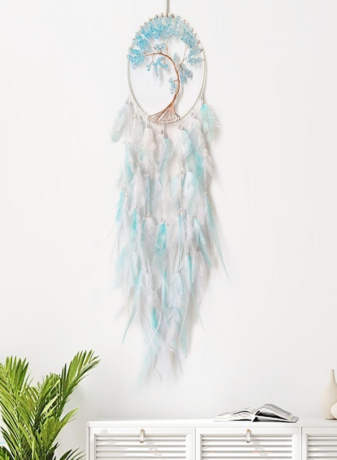 SOYUZU White and Cyan Dream Catcher Wall Decor Crystal Tree of Life Dream Catchers Handmade Feather Dreamcatcher Wall Hanging Ornament for Bedroom Living Room Home Decor - Image 5